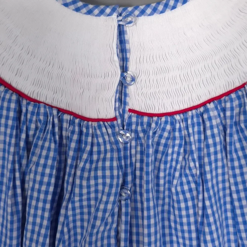 PLEATS & STITCHES Kids Girls‎ Smocked Dress 5 USA Flags Check Blue 100% HANDMADE